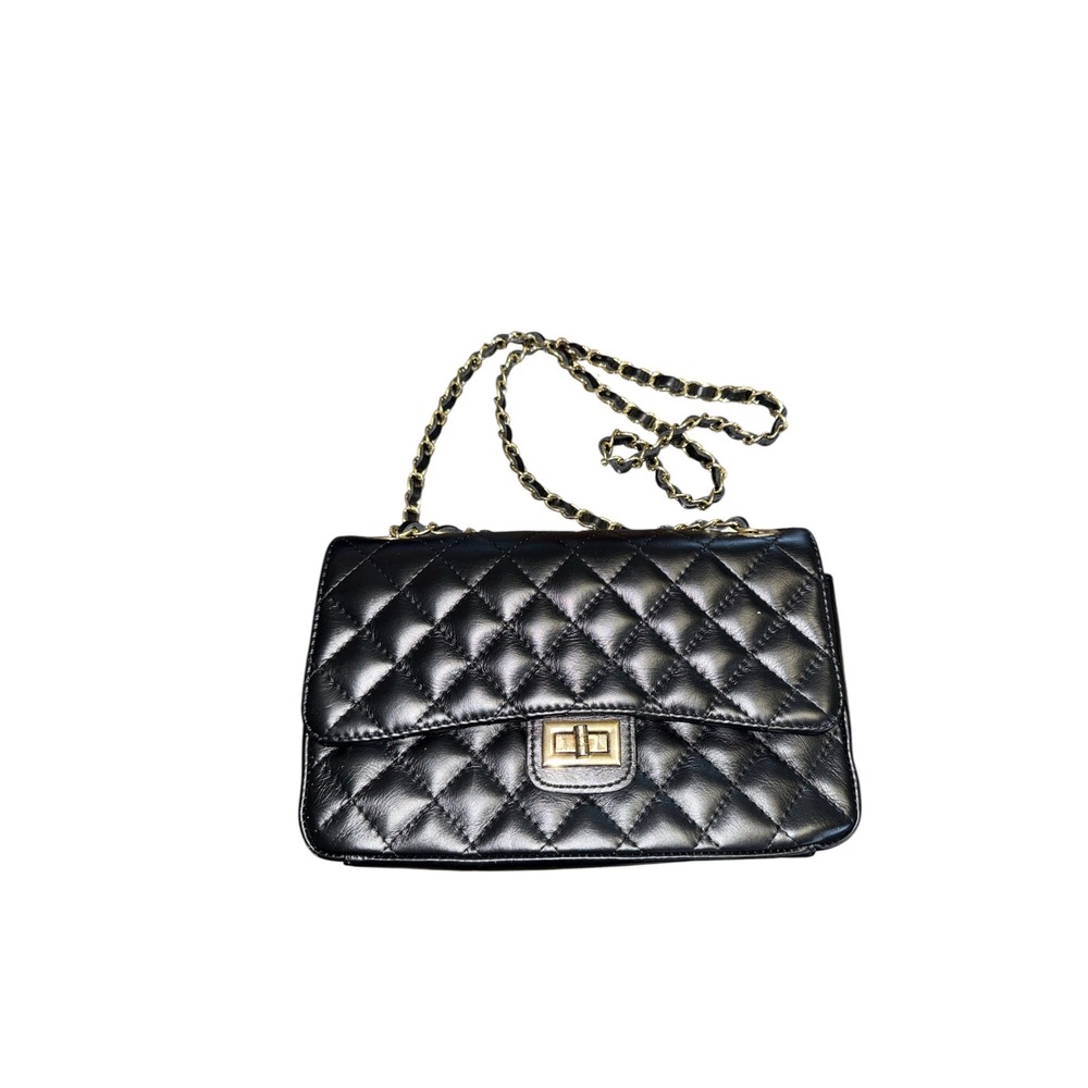 Persaman New York Black Quilted Leather Crossbody Bag Made in Italy Gold Chain
